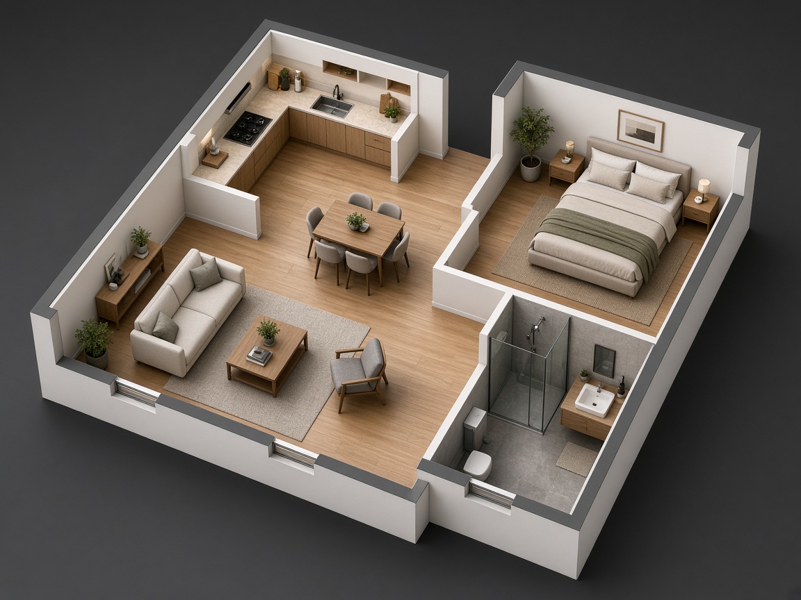 Furnished 3D cutaway apartment created from a floor plan