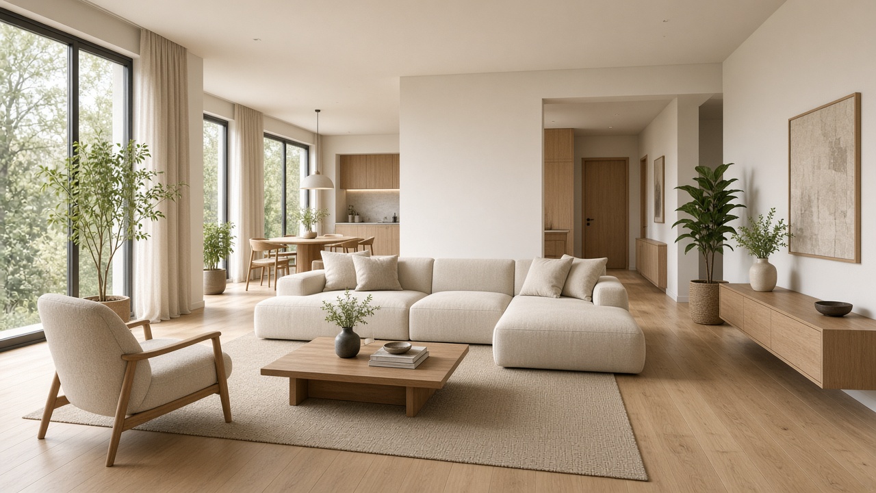 Warm minimalist living room visualization with oak finishes and natural daylight